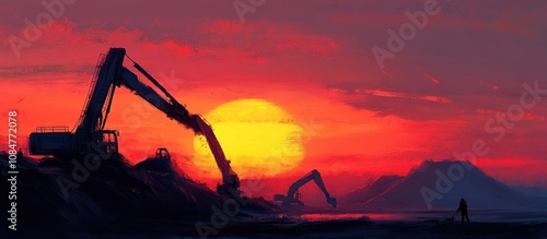 Two excavators silhouetted against a fiery sunset with mountains in the distance. photo