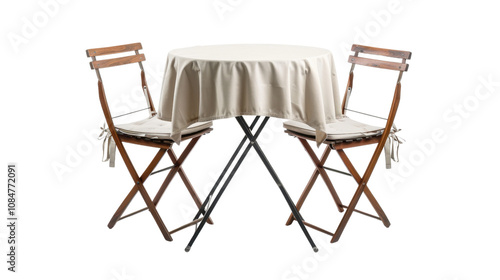 Round table with a cloth and two chairs on white transparent background