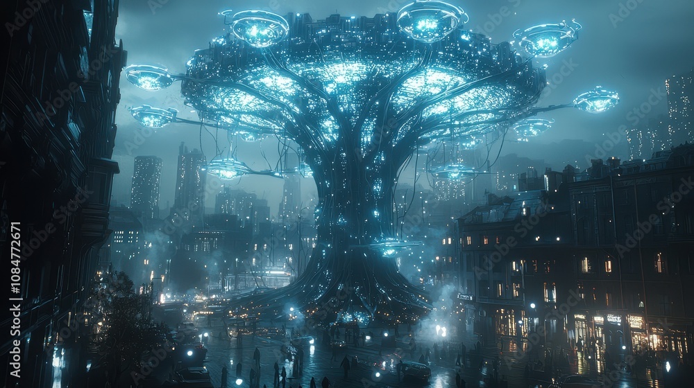 A glowing cyberpunk tower shaped like a tree, with bioluminescent branches housing floating pods and drones The architectural marvel stands amidst a dark and gritty urban landscape A striking A glowing cyberpunk tower shaped like a tree, with bioluminescent branches housing floating pods and drones The architectural marvel stands amidst a dark and gritty urban landscape A striking