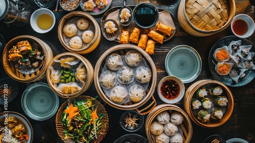 Wallpaper Mural A Chinese dim sum spread with steamed dumplings, buns, and an assortment of dipping sauces in a bustling teahouse Torontodigital.ca