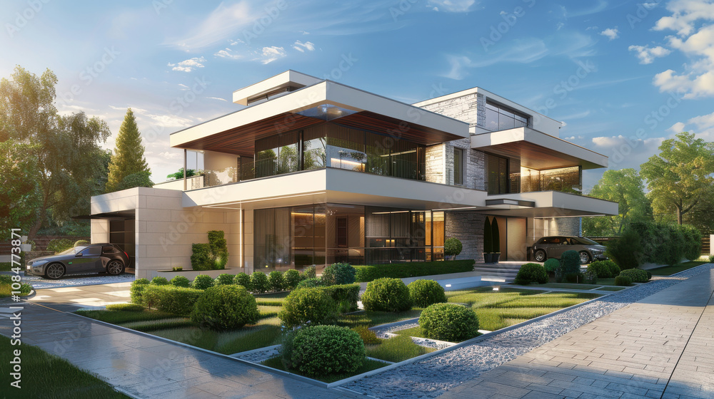 3d rendering of modern house with large windows and a terrace. Modern architecture. 3d rendering of modern house with large windows and a terrace. Modern architecture.