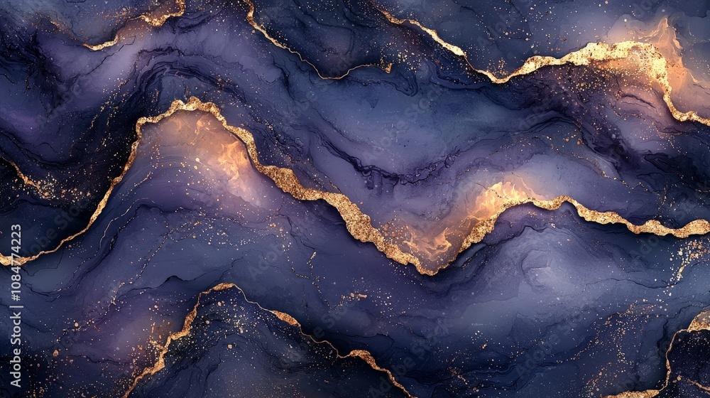 Abstract design featuring flowing waves of deep purple with gold accents. Abstract design featuring flowing waves of deep purple with gold accents.