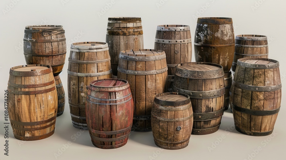 A collection of antique wooden barrels with aged textures, perfect for rustic decor projects A collection of antique wooden barrels with aged textures, perfect for rustic decor projects