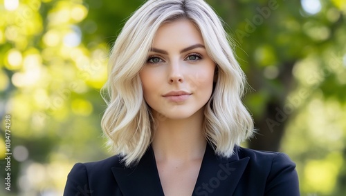 A confident woman in a professional setting with a blurred green background.