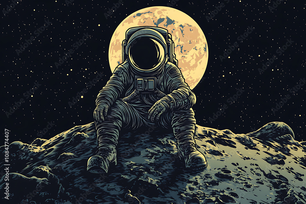 Astronaut sitting on a celestial body with a large moon in the background. Astronaut sitting on a celestial body with a large moon in the background.