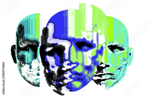 Conceptual vector illustration portraying three overlapping faces in vivid blue and green tones, symbolizing the gradual breakdown of identity and information. The piece reflects themes of data decay.