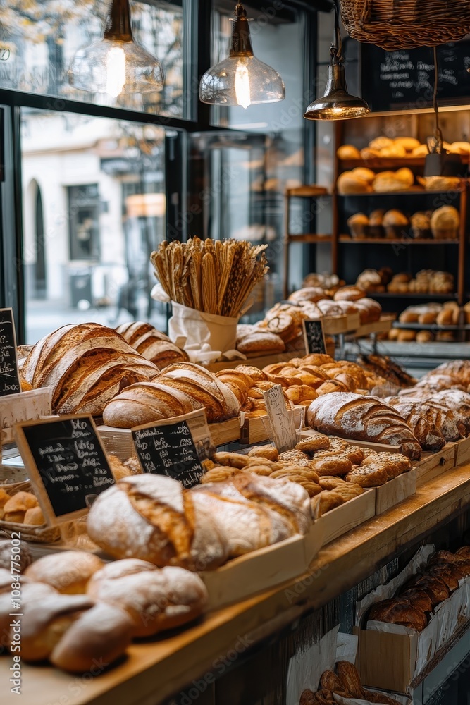 A modern bakery interior featuring fresh breads and pastries with a natural light ambiance in the heart of a city A modern bakery interior featuring fresh breads and pastries with a natural light ambiance in the heart of a city