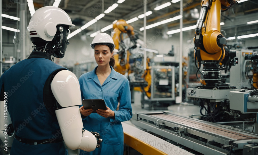 Female worker programs an AI robot in a factory, worried about job loss to automation. Female worker programs an AI robot in a factory, worried about job loss to automation.