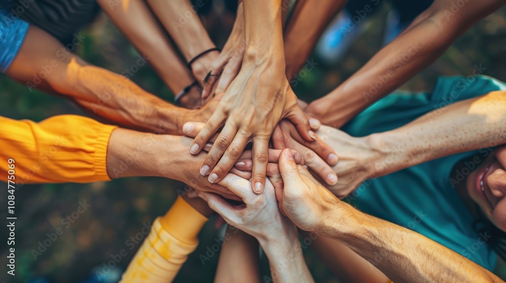 Diverse group of hands stacked together in a circle, signifying unity, teamwork, and collaboration.