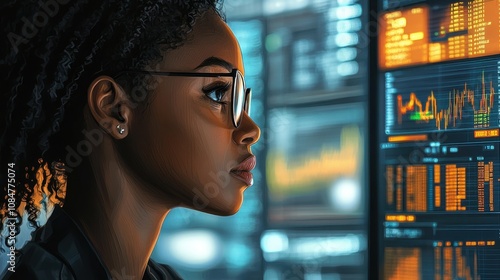African American woman financial trader at work