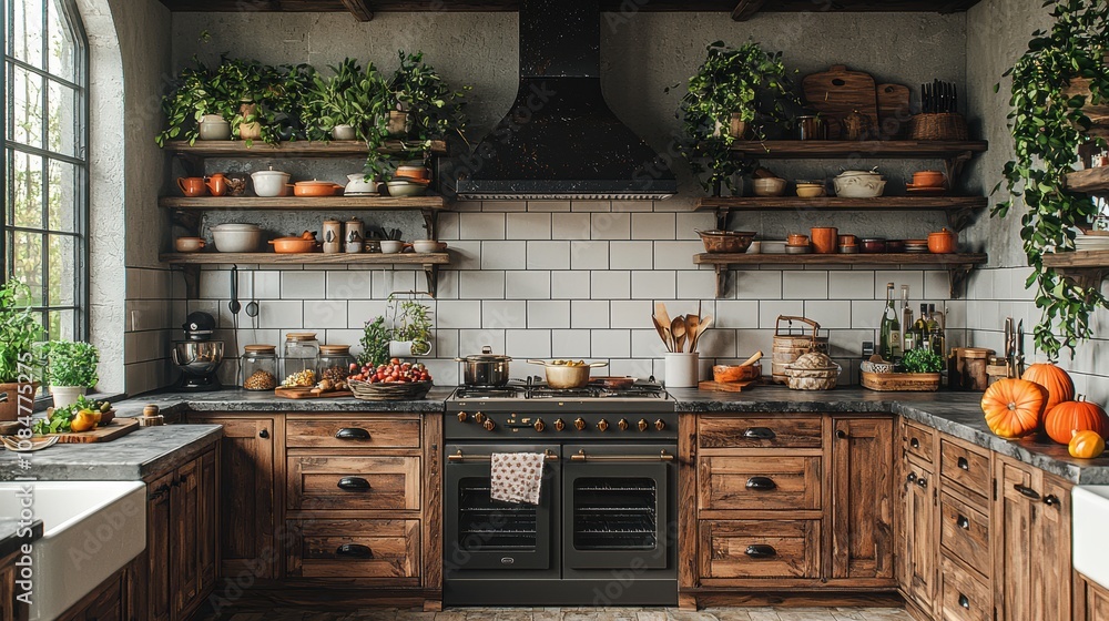Rustic Farmhouse Kitchen: A cozy and inviting kitchen design with dark wood cabinets, open shelving, and a large range. Pumpkins and greenery add to the autumnal ambiance.  