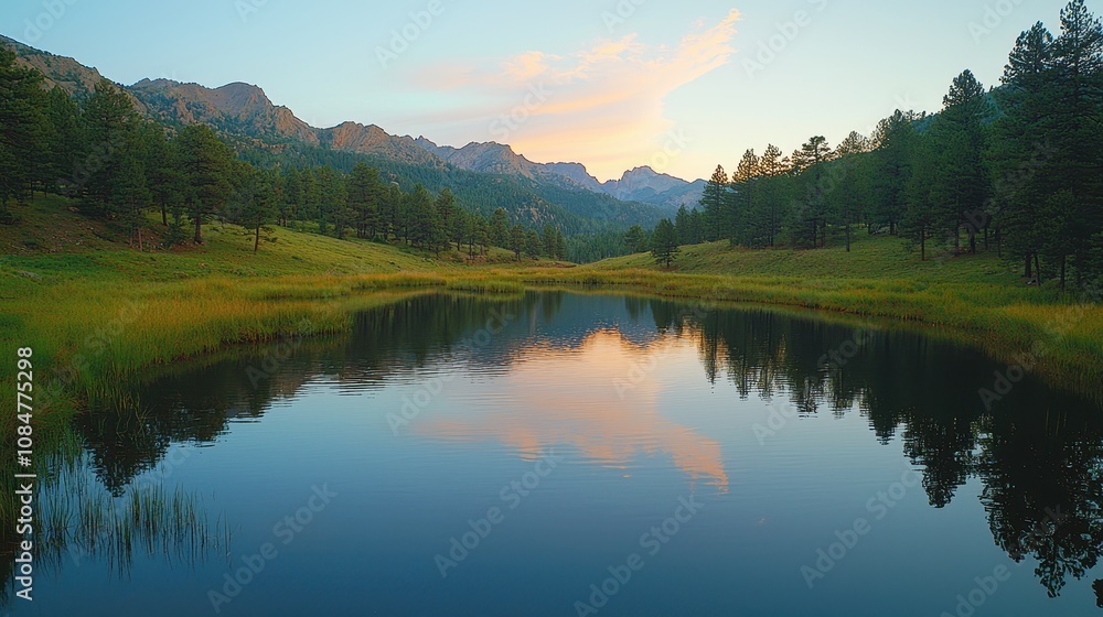 A serene mountain lake surrounded by towering peaks, dense pine forests, and a soft pastel sky at sunrise. The still water reflects the landscape perfectly, adding depth and tranquility. A peaceful A serene mountain lake surrounded by towering peaks, dense pine forests, and a soft pastel sky at sunrise. The still water reflects the landscape perfectly, adding depth and tranquility. A peaceful