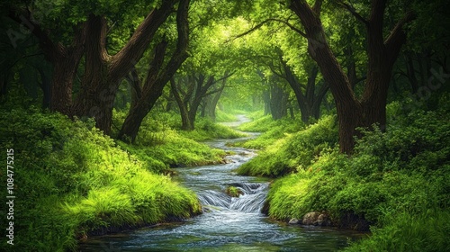 A forest with a stream or river running through it. The trees are lush and green. Natural background. A plot in a drawn style. Image for design of children's books, postcards, print, etc