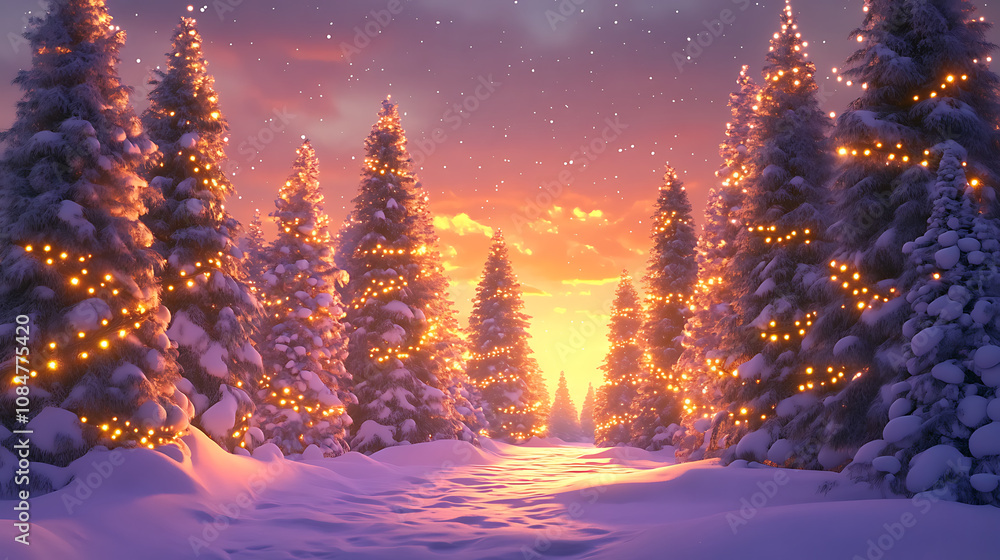 A peaceful snow-covered forest with a vibrant sunset in the background and twinkling lights wrapped around evergreen trees A peaceful snow-covered forest with a vibrant sunset in the background and twinkling lights wrapped around evergreen trees