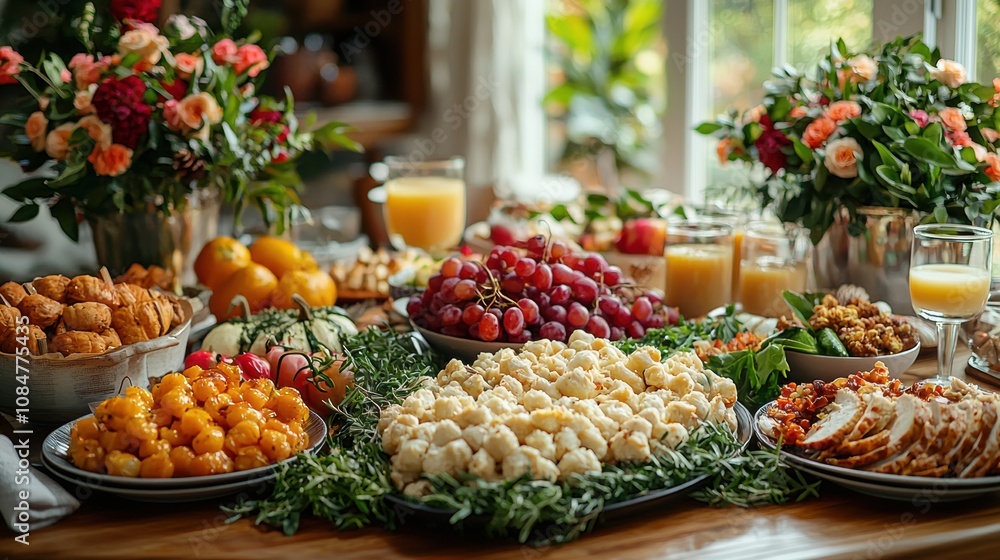 A Bountiful Table: A delightful spread of festive food and drink adorns a wooden table, capturing the warmth and celebration of a special gathering. A Bountiful Table: A delightful spread of festive food and drink adorns a wooden table, capturing the warmth and celebration of a special gathering.