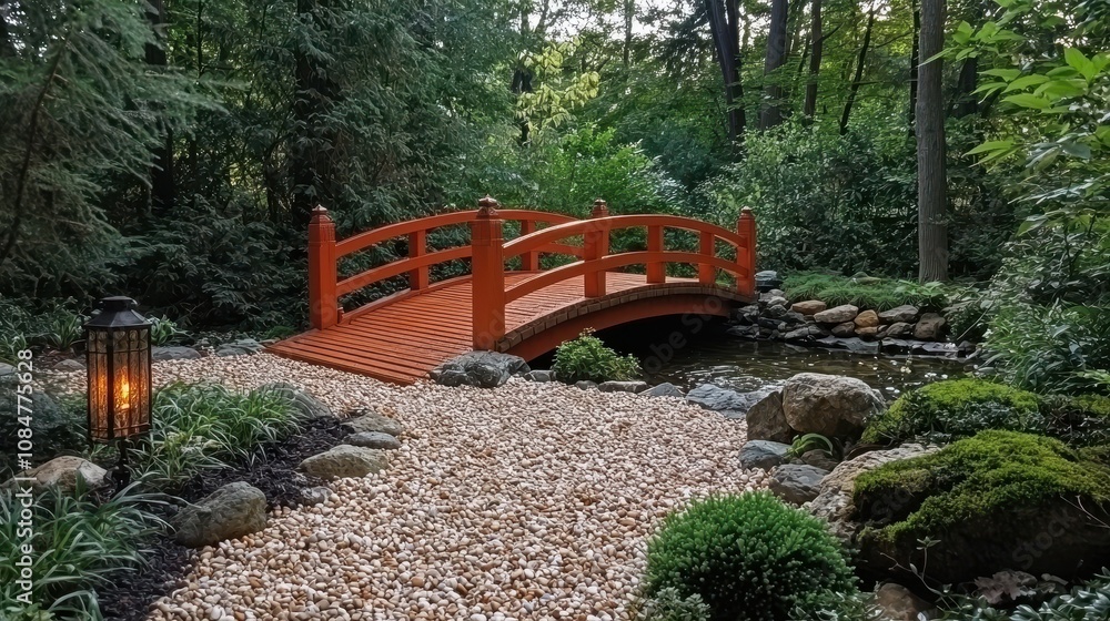 A tranquil Japanese zen garden with neatly raked gravel, moss-covered stones, and a red arched bridge. Lanterns softly glow, adding to the sense of calm and balance. A timeless design blending A tranquil Japanese zen garden with neatly raked gravel, moss-covered stones, and a red arched bridge. Lanterns softly glow, adding to the sense of calm and balance. A timeless design blending