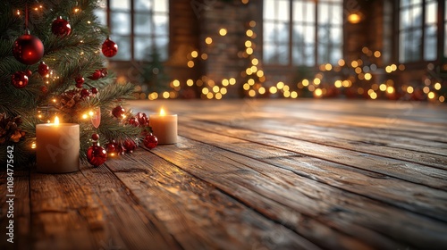 Rustic Christmas Cheer: A warm and inviting scene with a decorated Christmas tree, flickering candles and sparkling lights, all set against a backdrop of rustic wooden floorboards.