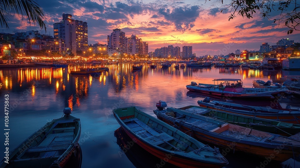 Fototapeta premium A vibrant city marina at sunset with colorful boats docked along glowing waterfront cafes. The skyline reflects in the water, creating a mesmerizing and lively atmosphere. A picturesque blend 