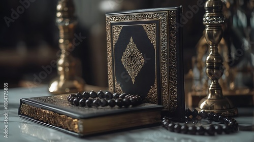 Ornate Quran with Prayer Beads Resting on a Marble Surface photo