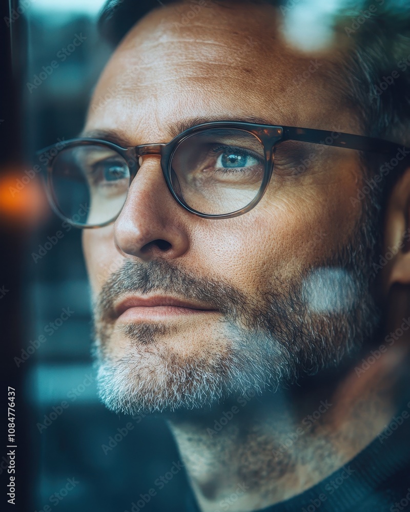 Close-up portrait of a man looking out a window, wearing glasses Close-up portrait of a man looking out a window, wearing glasses