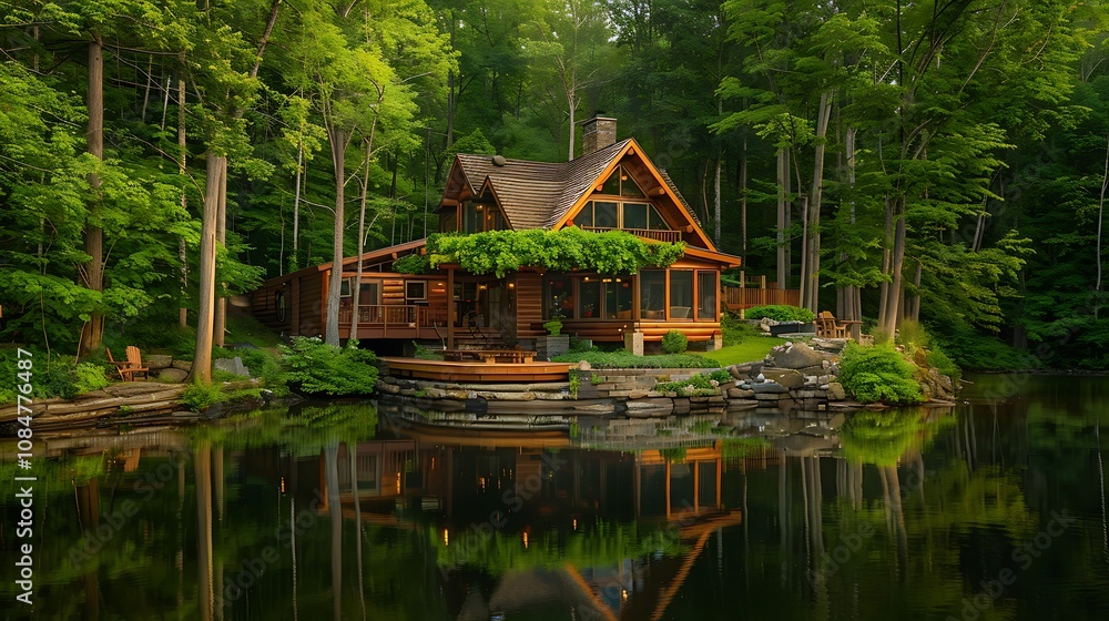 Picturesque log cabin nestled by a tranquil lake, surrounded by lush greenery. Perfect summer retreat. Picturesque log cabin nestled by a tranquil lake, surrounded by lush greenery. Perfect summer retreat.