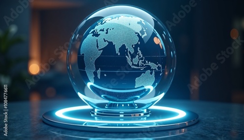 Globe encased in a protective shimmering blue glass shield, resting on a futuristic pedestal with ambient lighting photo