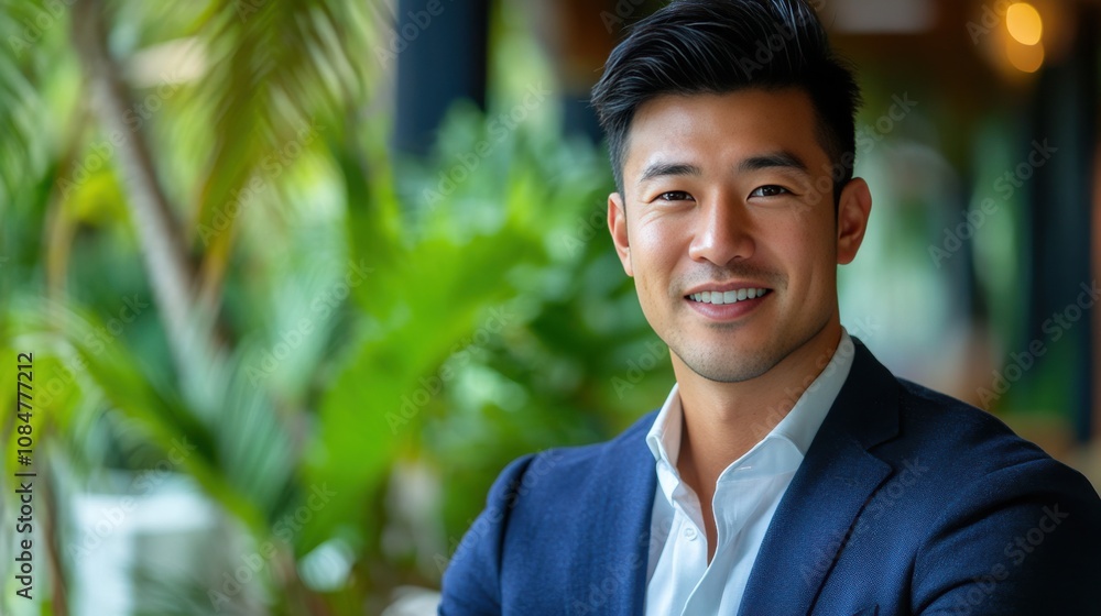 Confident Young Businessman Smiling in a Lush Green Environment Confident Young Businessman Smiling in a Lush Green Environment