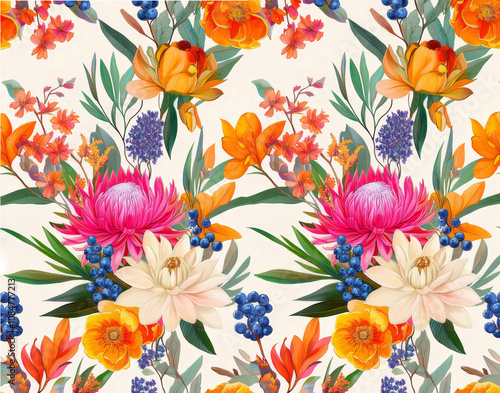 A botanical illustration of bright tropical flowers as a vibrant layout. 