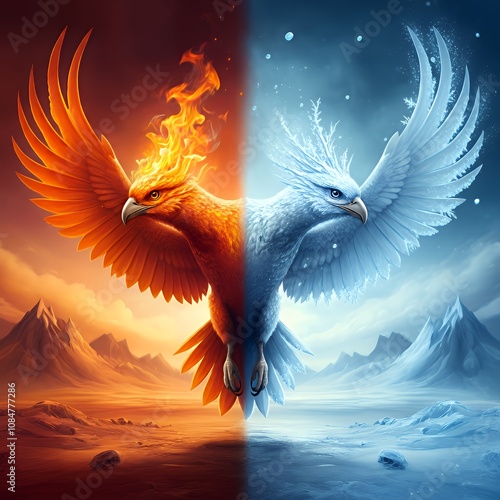  A two-headed bird with one head of fire and the other of frost, symbolizing the balance of life and death.
