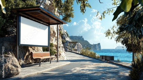 Serene coastal path with bench overlooking the sea under a clear blue sky. photo