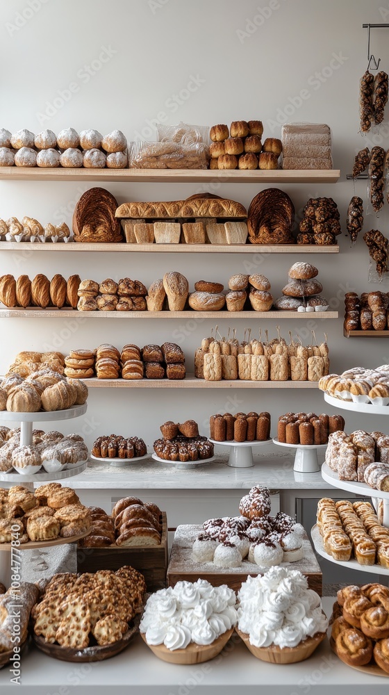 Naklejka premium A charming bakery features an array of delectable gluten-free breads and pastries elegantly displayed on a pristine white backdrop.