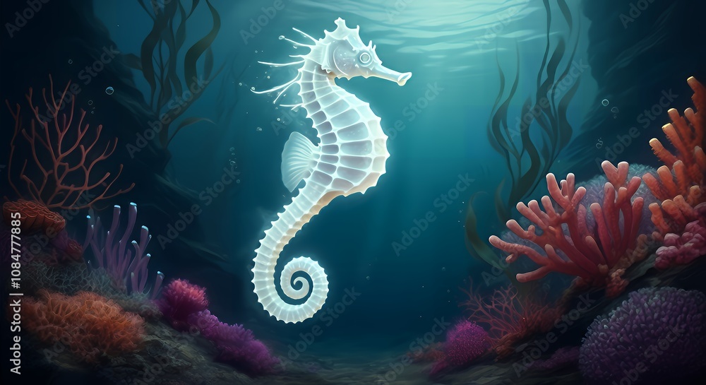 A ghostly seahorse made of mist and moonlight, gliding through an enchanted underwater realm of glowing corals and plants.
A ghostly seahorse made of mist and moonlight, gliding through an enchanted underwater realm of glowing corals and plants.