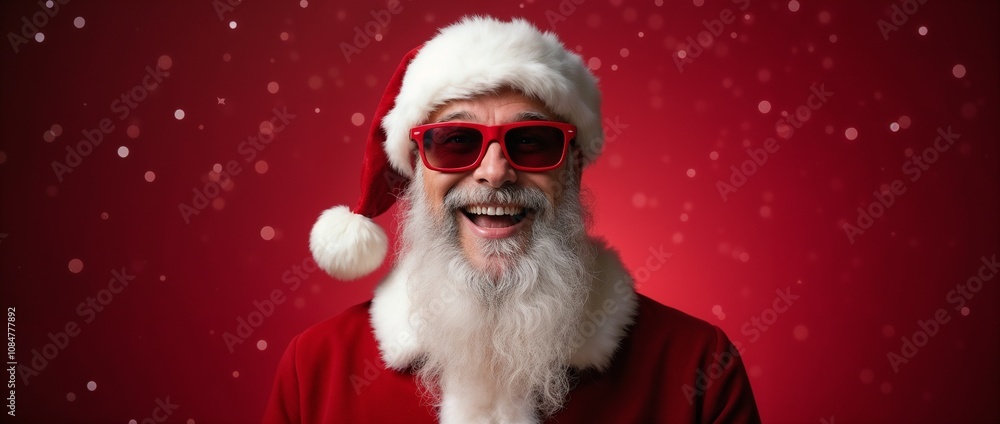 Cheerful Santa Claus is wearing bright red sunglasses against a festive background. The joyful holiday spirit captures the essence of Christmas with Santa's iconic beard and hat.
Cheerful Santa Claus is wearing bright red sunglasses against a festive background. The joyful holiday spirit captures the essence of Christmas with Santa's iconic beard and hat.