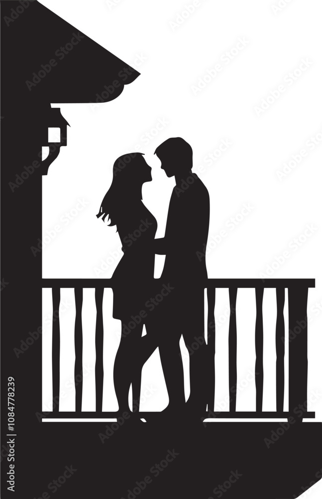 Silhouette of a couple standing on a balcony, Valentines Day vector silhouette Silhouette of a couple standing on a balcony, Valentines Day vector silhouette