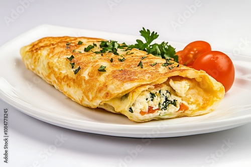 Egg roll on a plate on white background, close up