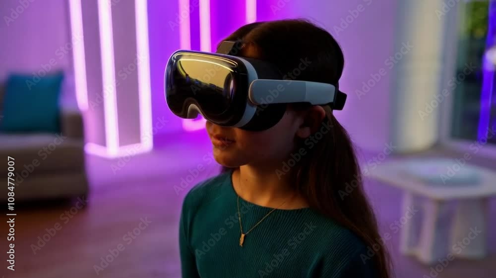 Girl in virtual or augmented reality glasses indoors with lilac and purple neon illumination, entertainment of the present and future. Girl in virtual or augmented reality glasses indoors with lilac and purple neon illumination, entertainment of the present and future.