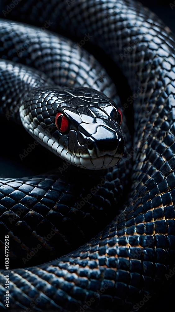 Obraz premium Majestic Black Snake wallpaper with Shiny Scales and Intense Amber Eyes, Displaying Its Graceful and Powerful Beauty.