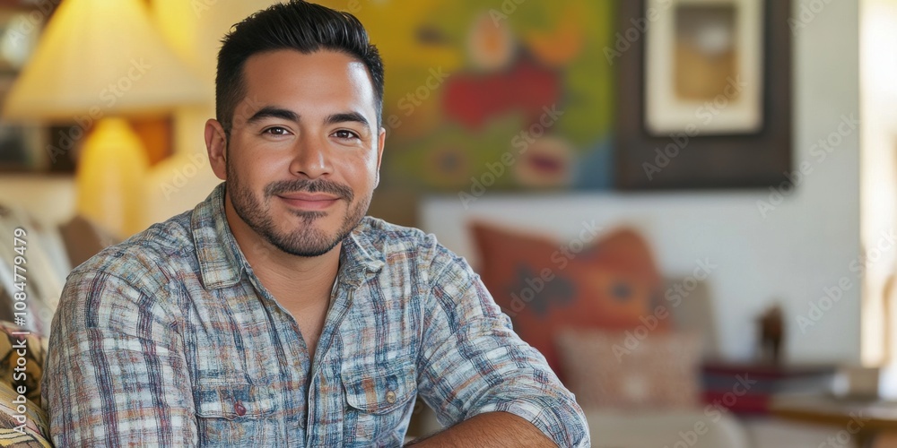 Obraz premium Smiling Young Man in Casual Attire Relaxing at Home