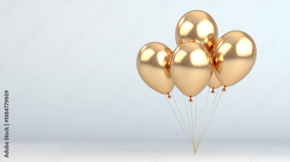 Four shiny gold heart-shaped balloons float against a light backdrop, giving a festive and celebratory vibe. Four shiny gold heart-shaped balloons float against a light backdrop, giving a festive and celebratory vibe.