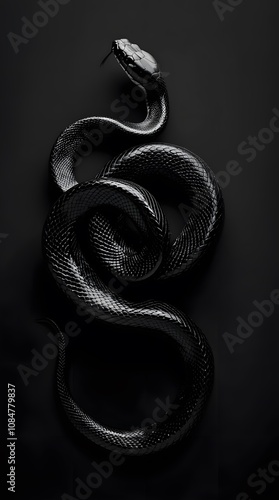 Majestic Black Snake wallpaper with Shiny Scales and Intense Amber Eyes, Displaying Its Graceful and Powerful Beauty.