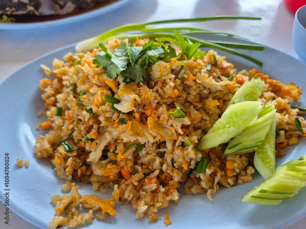 Traditional fried rice mixed with chicken egg, crab meat and mince pork serving on the plate. Famous seafood menu in Asian restaurant. Traditional fried rice mixed with chicken egg, crab meat and mince pork serving on the plate. Famous seafood menu in Asian restaurant.