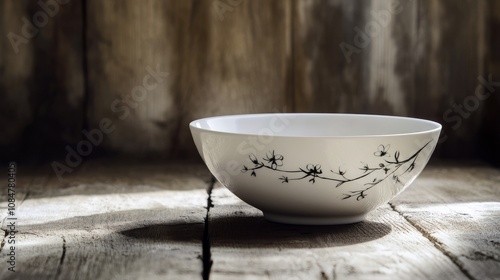 Elegant Floral Patterned White Bowl on Rustic Wood Surface with Soft Studio Lighting