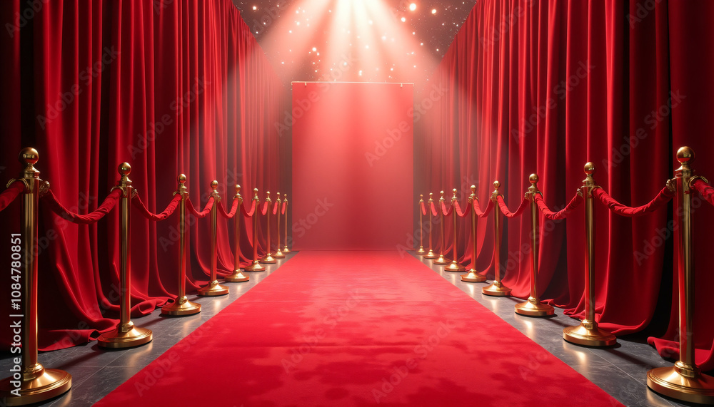 Red carpet event setup with golden stanchions and curtains under spotlight in a glamorous venue Red carpet event setup with golden stanchions and curtains under spotlight in a glamorous venue