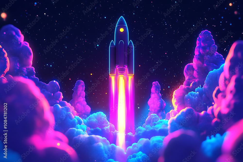 A vibrant rocket launching through colorful clouds in a starry space scene. A vibrant rocket launching through colorful clouds in a starry space scene.