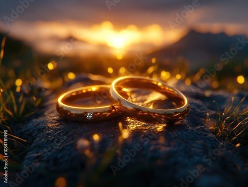 Capture the essence of forever A breathtaking image of a couple exchanging rings, symbolizing their eternal promise of intimacy and loyalty, evident in the golden glow of a majestic sunset backdrop photo