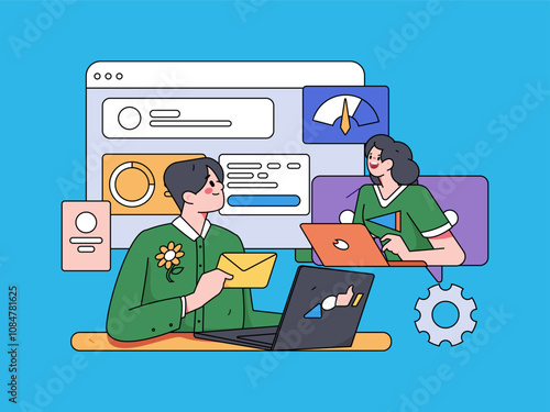 Flat vector illustration of business people operating work scene
