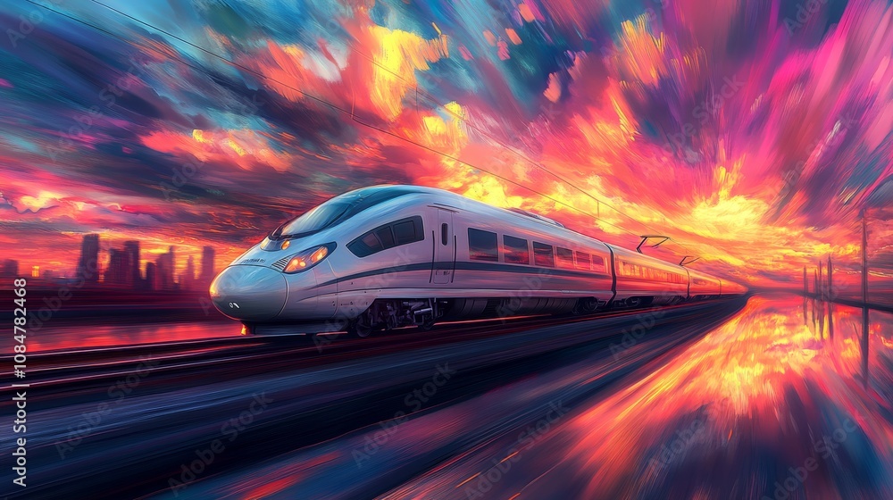 Expressive Oil Painting of Bullet Train Racing Through Colorful Cityscape at Dusk Expressive Oil Painting of Bullet Train Racing Through Colorful Cityscape at Dusk