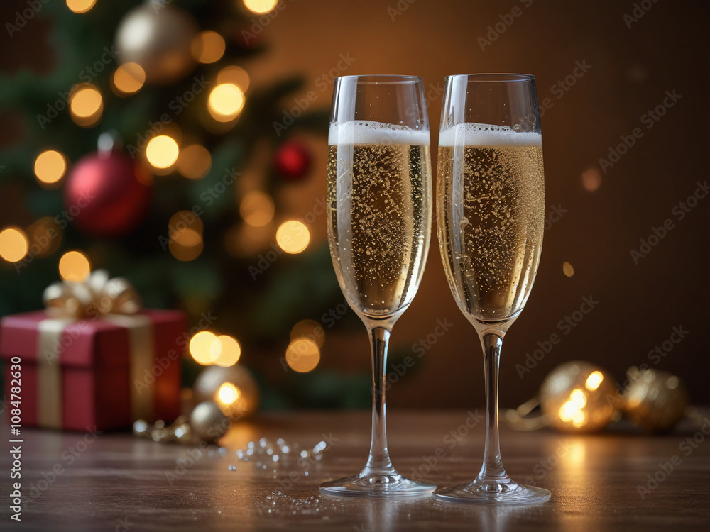 Two Champagne flutes with bubbles against Christmas lights bokeh background Two Champagne flutes with bubbles against Christmas lights bokeh background