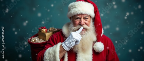 A jolly Santa Claus in a classic red suit, holding his finger to his lips with a bag of presents over his shoulder amidst falling snowflakes, conveying the essence of Christmas cheer.