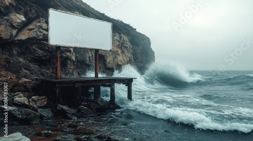 Waves crash against rocky cliffs with an empty billboard on a foggy day.